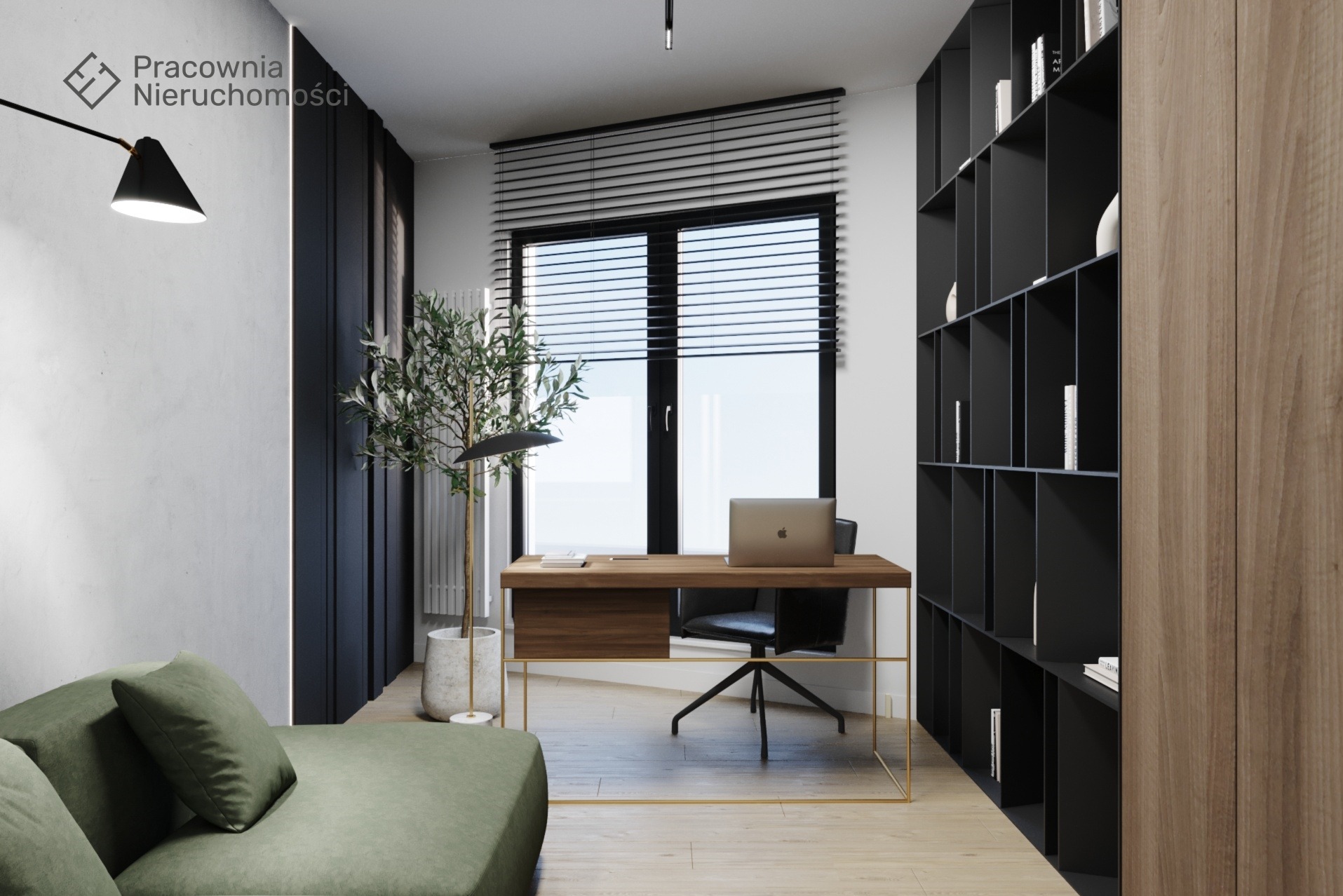 Nowoczesne biuro domowe z drewnianym biurkiem na złotych nogach, laptopem, czarnym regałem na książki i zieloną sofą, oświetlone lampą punktową i światłem dziennym zza żaluzji.