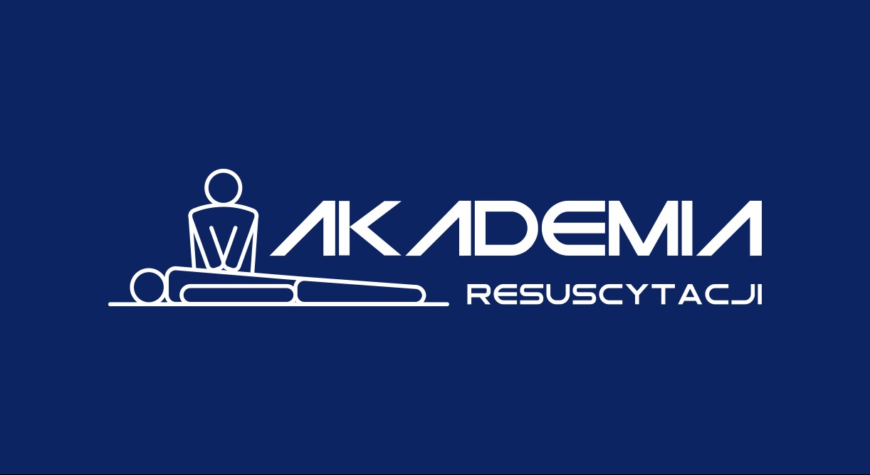 Logo 'Akademia Resuscytacji' na granatowym tle, przedstawiające schematyczną postać udzielającą pierwszej pomocy.