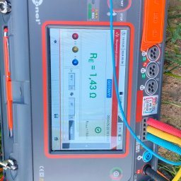 Lovetic Electric - Miernik Sonel MPI-540-PV na trawie, wyświetlający wynik pomiaru rezystancji uziemienia Re=1,43 Ω, z podłączonymi przewodami pomiarowymi w kolorach niebieskim, czerwonym i żółtym.