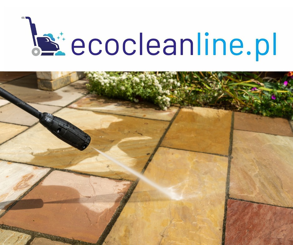 Czyszczenie kostki brukowej myjką ciśnieniową w Śremie, widoczny efekt odświeżenia powierzchni i dysza urządzenia.