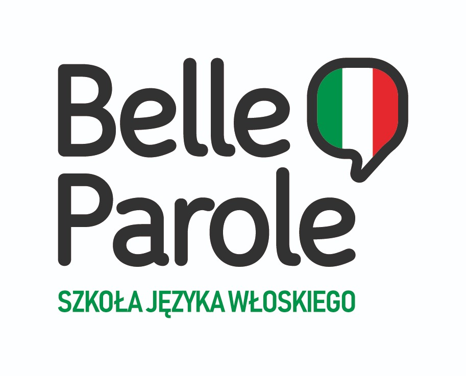 Logo szkoły językowej Belle Parole z flagą Włoch w dymku, napis Szkoła Języka Włoskiego w kolorze zielonym.