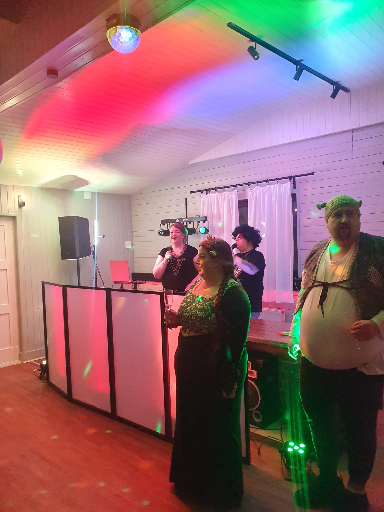 Występujący na scenie przebrani za postacie z bajki Shrek, oświetleni kolorowymi światłami, z DJ-ką w tle.