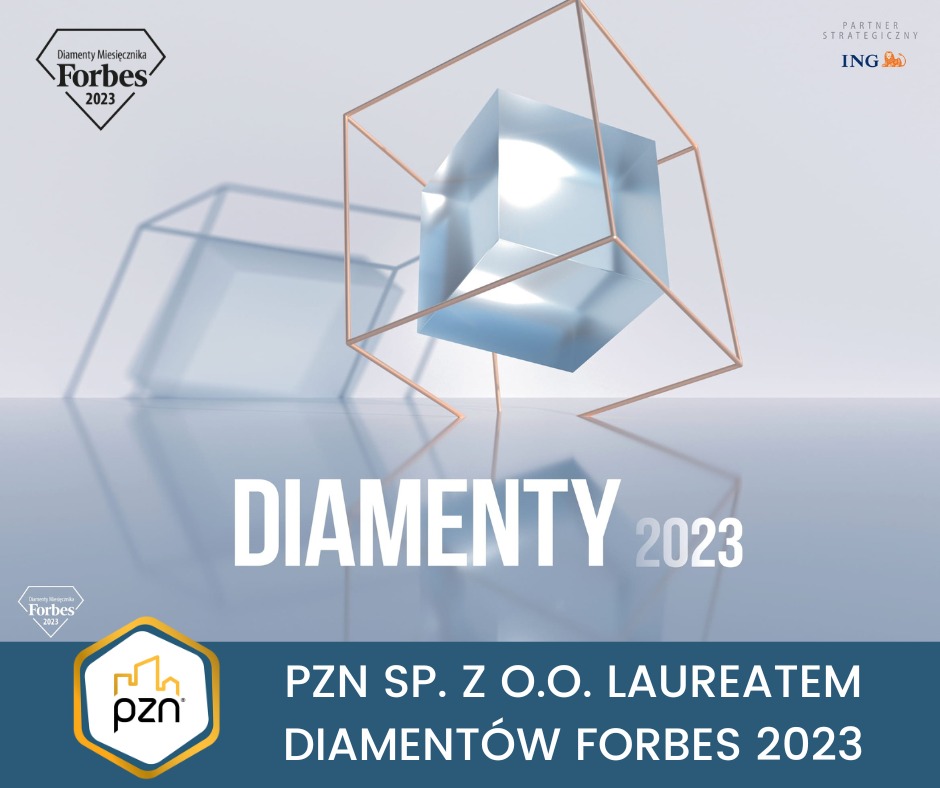 Grafika 'Diamenty Forbes 2023': szklany sześcian w miedzianej ramie, logo PZN, informacja o nagrodzie. Partner ING w prawym górnym rogu. Minimalistyczny design.