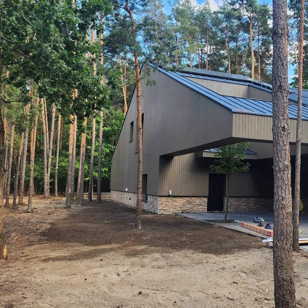 Nowoczesny dom jednorodzinny z ciemną elewacją i oryginalnym dachem, otoczony lasem sosnowym, widok z poziomu gruntu na część frontową z podjazdem i fragmentem terenu przygotowanego pod trawnik.