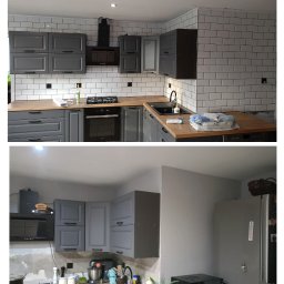 JC- Remonty i wykończenia - Dwa ujęcia tej samej kuchni: górne po remoncie z szarymi szafkami i białymi kaflami, dolne przed remontem z widocznymi śladami prac i starym wykończeniem ścian.