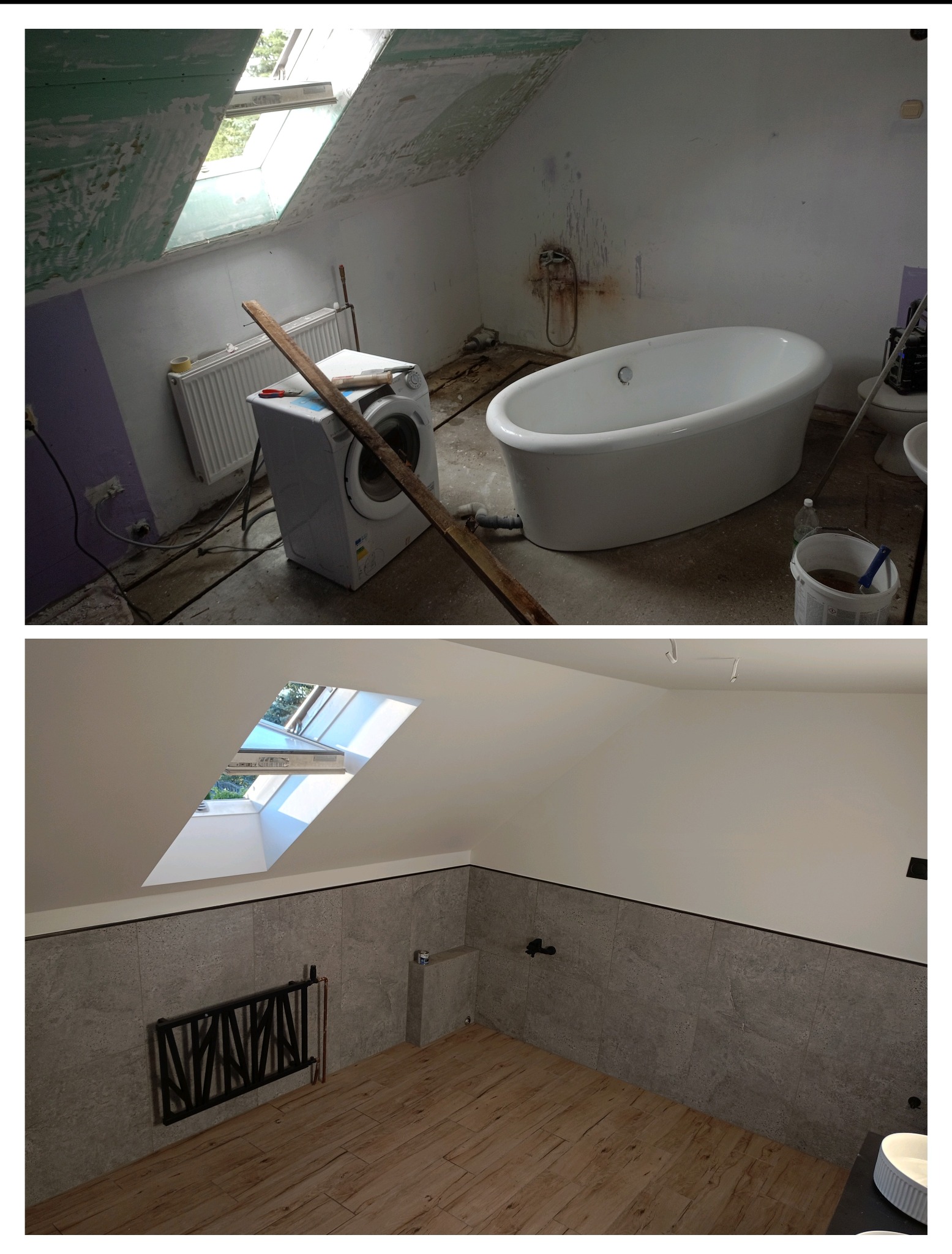 Zdjęcie 'przed i po' prezentuje remont poddasza łazienki: od stanu surowego z pralką i wanną, po wykończone wnętrze z płytkami, drewnianą podłogą i grzejnikiem.