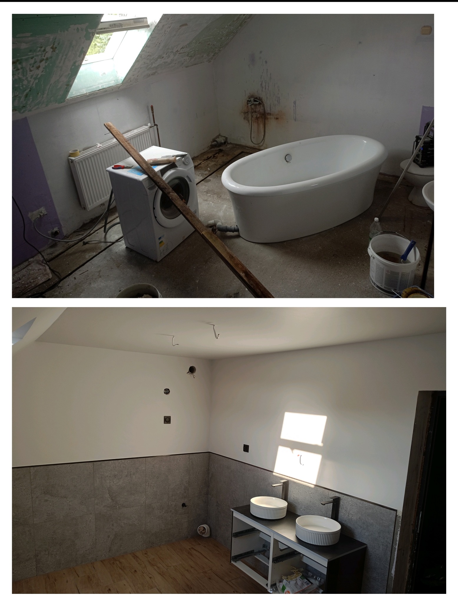 Remont łazienki na poddaszu: widok przed z pralką i wanną oraz po z płytkami, umywalkami i drewnianą podłogą. Wykończenie wnętrz w trakcie.