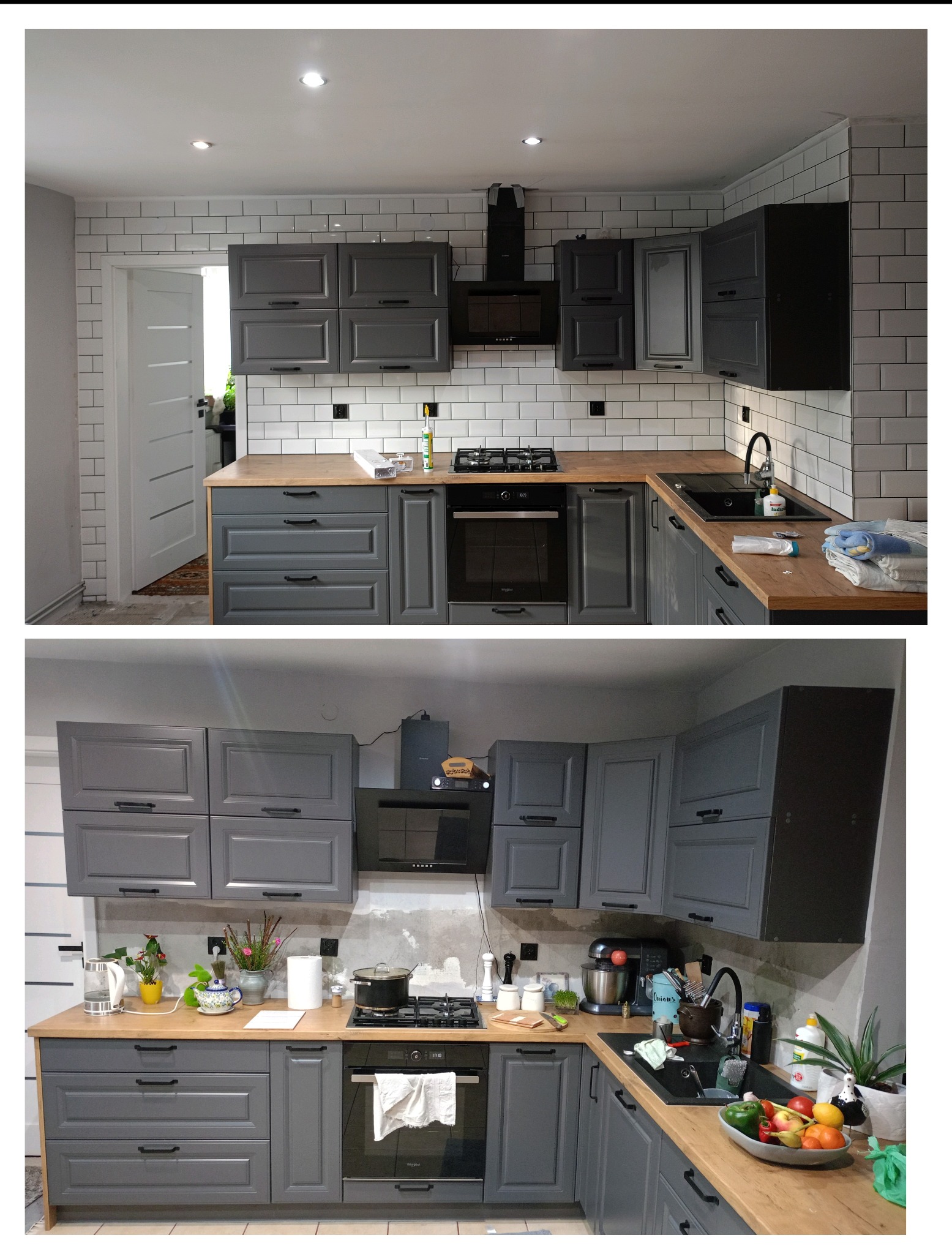 Porównanie kuchni przed i po remoncie: szare szafki, drewniany blat, białe płytki. U góry stan surowy, na dole – wykończona kuchnia z dodatkami i sprzętem.