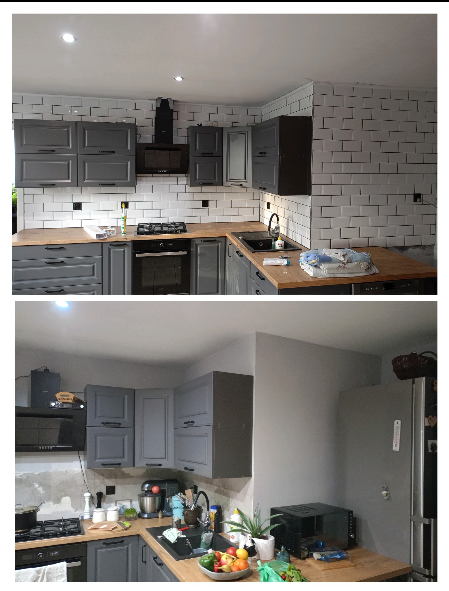 Dwa ujęcia tej samej kuchni: górne po remoncie z szarymi szafkami i białymi kaflami, dolne przed remontem z widocznymi śladami prac i starym wykończeniem ścian.