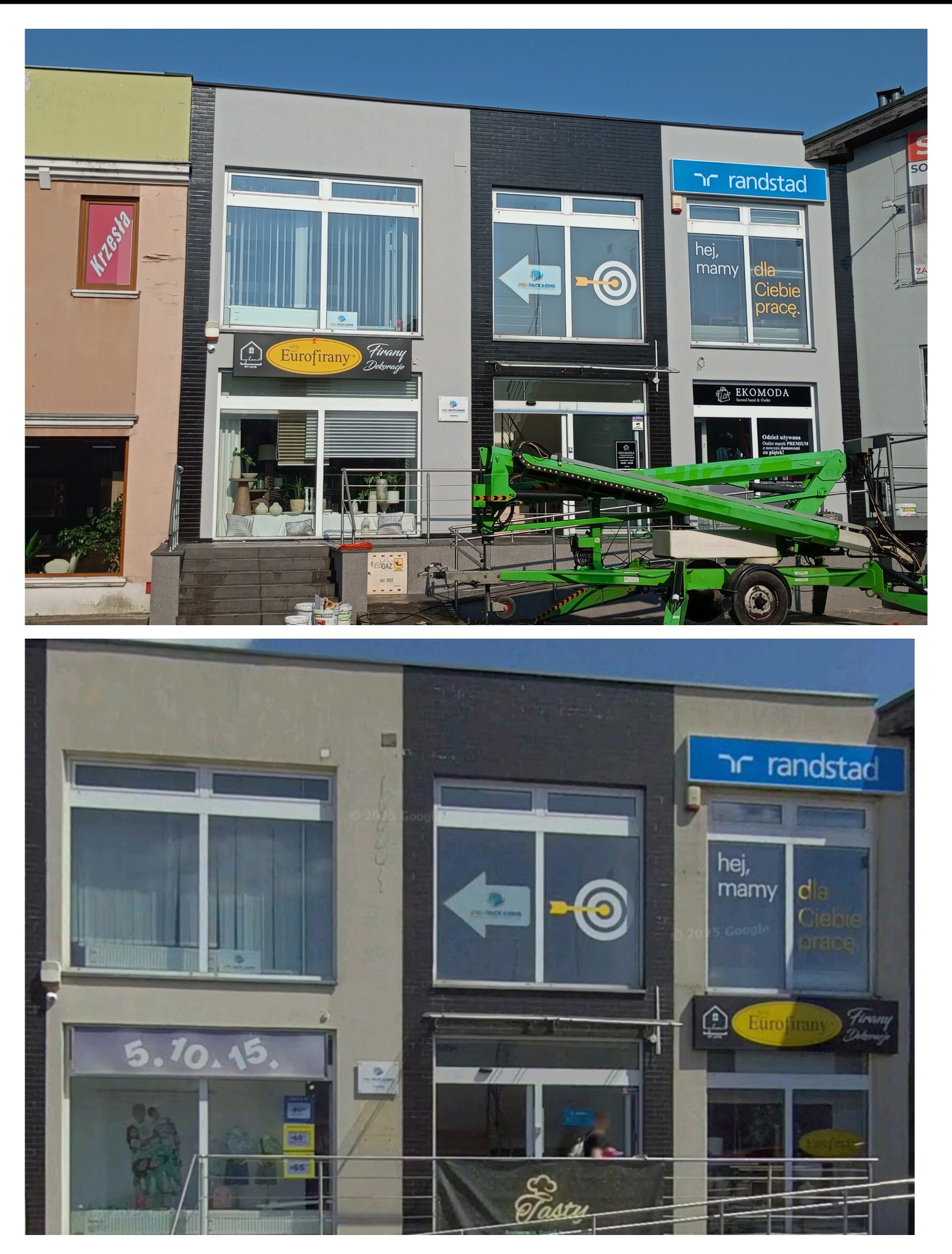 Odnowiona fasada budynku z szarą i czarną elewacją. Widoczne okna z reklamami firm, podnośnik koszowy i detale architektoniczne. Dzień, światło słoneczne.