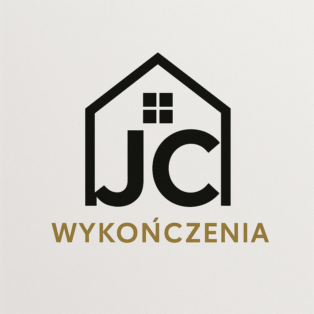 Minimalistyczne logo firmy JC Wykończenia: czarny obrys domu z oknami, inicjały 'JC' i złoty napis 'WYKOŃCZENIA' na jasnym tle.