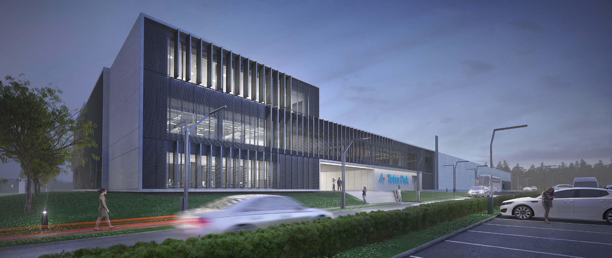 Wizualizacja nowoczesnego budynku biurowego z żaluzjami fasadowymi, logo firmy Tetra Pak, parkingiem i zielenią w otoczeniu.