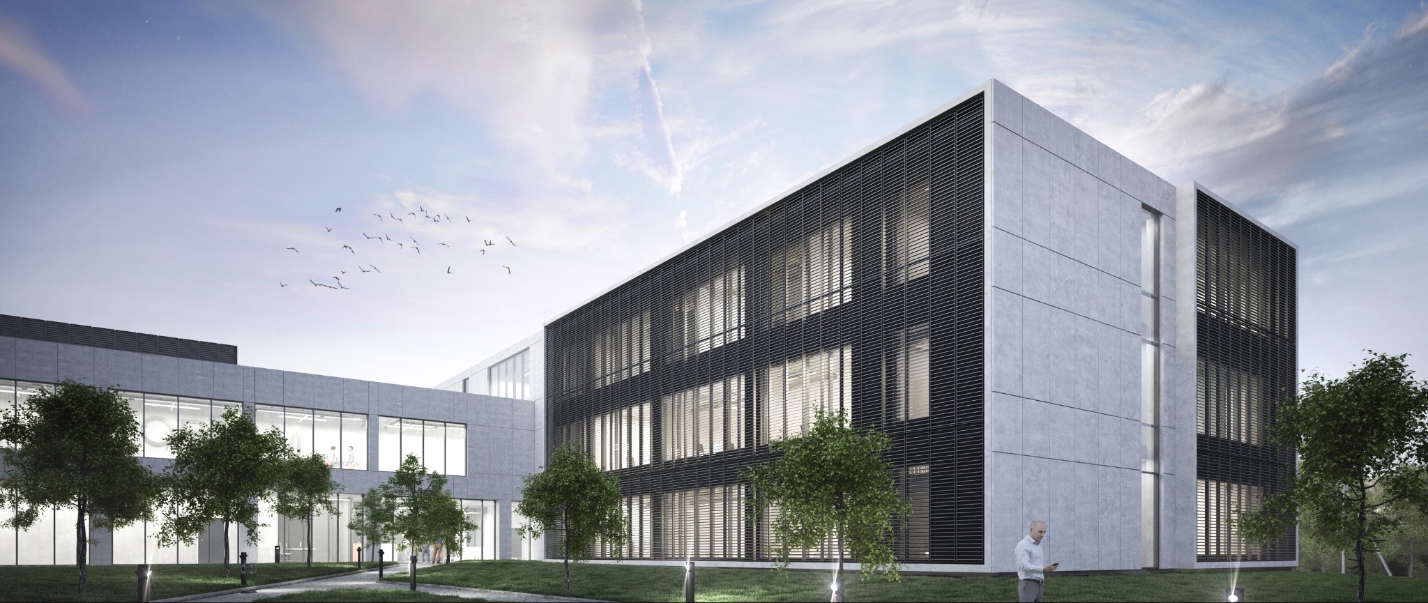 Wizualizacja zewnętrzna nowoczesnego biurowca z betonową elewacją i czarnymi żaluzjami okiennymi, otoczonego zielenią i drzewami, z osobą korzystającą z telefonu w tle.