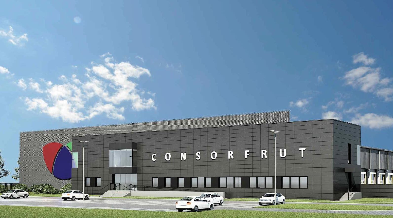 Wizualizacja nowoczesnego budynku przemysłowego z szarą elewacją panelową, dużym logo firmy 'CONSORFRUT' i elementami dekoracyjnymi w postaci kolorowego koła na ścianie, otoczonego parkingiem...