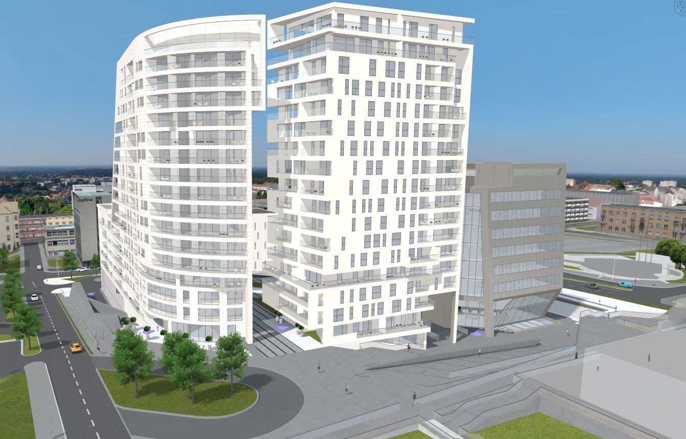 Wizualizacja dwóch nowoczesnych, wysokich budynków apartamentowych o białej elewacji z balkonami, z widokiem na otoczenie miejskie i błękitne niebo.