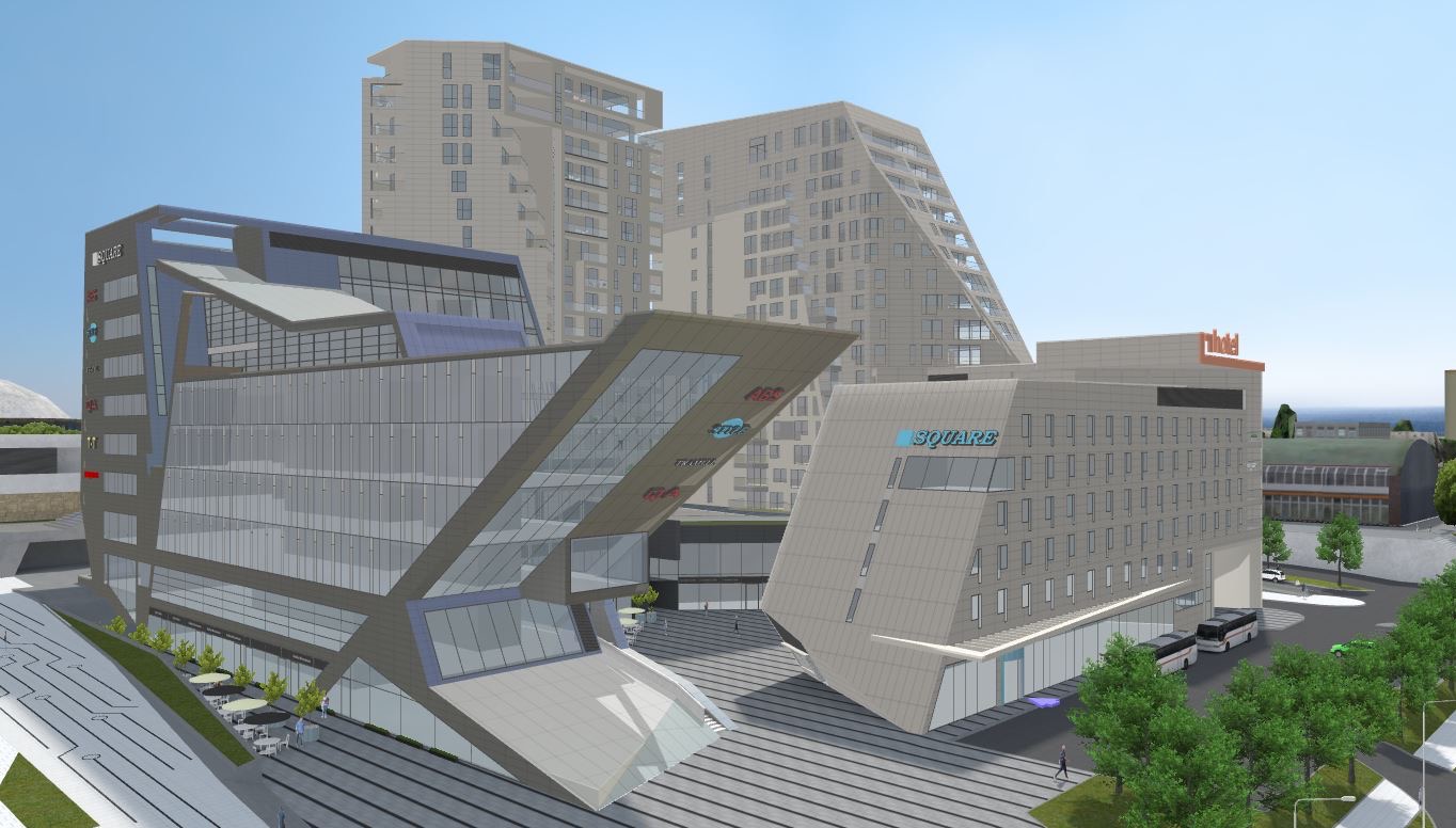 Wizualizacja kompleksu budynków biurowych i hotelowych o nowoczesnej architekturze, z dominującymi geometrycznymi kształtami i szklanymi fasadami, otoczonych zielenią i elementami małej architektury.