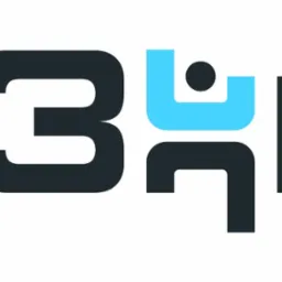 Abstrakcyjne logo firmy z cyfrą 3 i elementami w kolorze czarnym i błękitnym na białym tle.