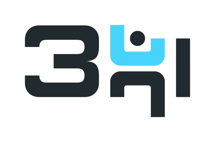 Abstrakcyjne logo firmy z cyfrą 3 i elementami w kolorze czarnym i błękitnym na białym tle.