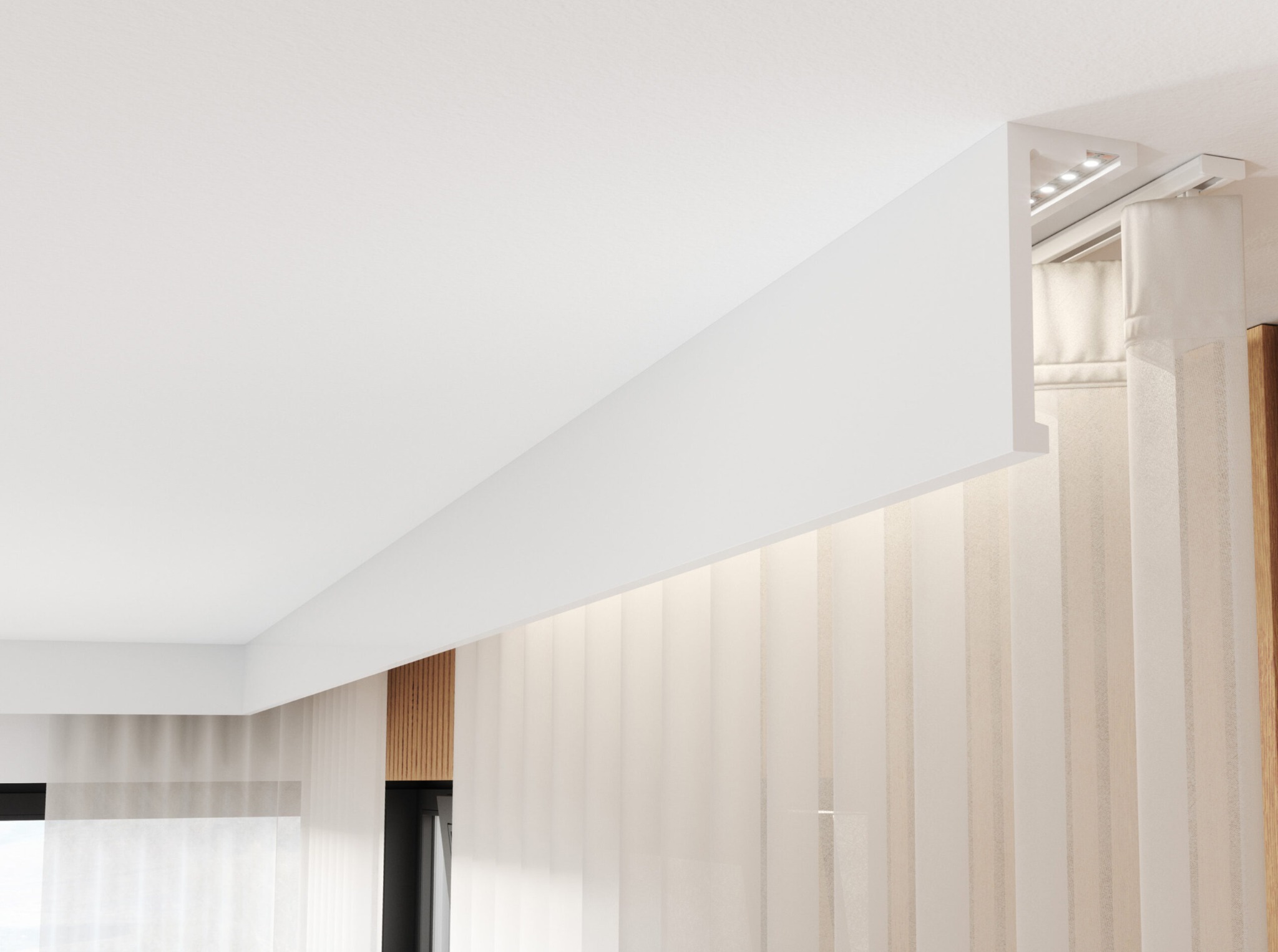 Minimalistyczne wnętrze z białymi, pionowymi żaluzjami i zabudowanym karniszem z oświetleniem LED, widok z dołu