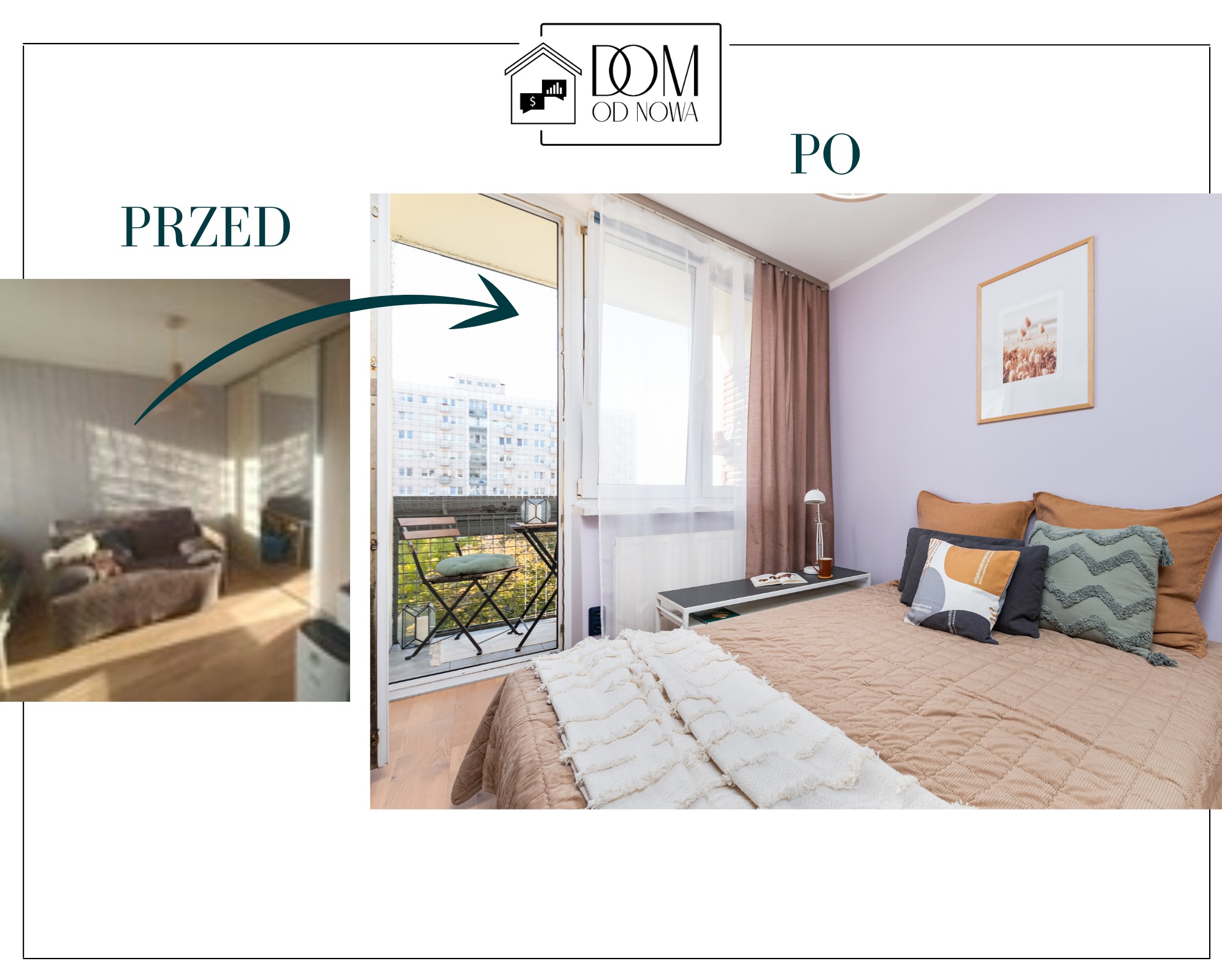 Zdjęcie 'przed' i 'po' metamorfozy sypialni w Warszawie: widok na balkon z krzesłami i stolikiem, świeżo pomalowane ściany w odcieniach fioletu, nowe tekstylia i dekoracje.