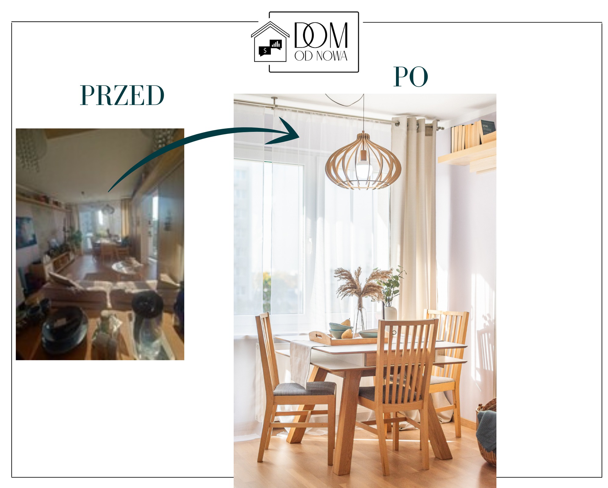 Porównanie salonu przed i po: widok zamazany z bałaganem kontra jasna jadalnia z drewnianym stołem, krzesłami i ozdobną lampą.