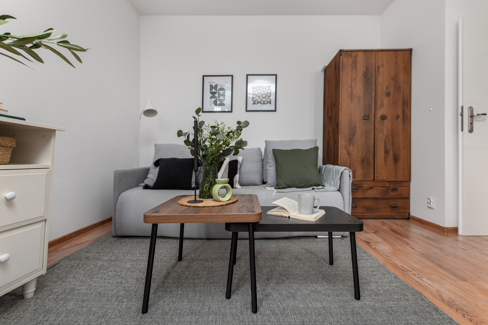 Jasne wnętrze salonu z szarą sofą, drewnianą szafą, dwoma stolikami kawowymi o różnych wysokościach, dywanem w kratkę i dekoracjami roślinnymi.