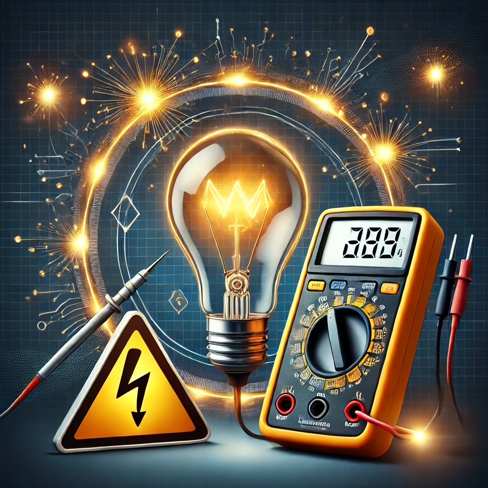 Ilustracja przedstawiająca multimetr, żarówkę ze świecącym żarnikiem, sondę pomiarową i znak ostrzegawczy wysokiego napięcia na tle schematu elektrycznego z efektem iskier.