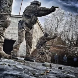 Szkolenie taktyczne w Warszawie: grupa umundurowanych mężczyzn celuje z broni krótkiej do tarcz na poligonie, widoczne łuski naboi i betonowy budynek w tle.