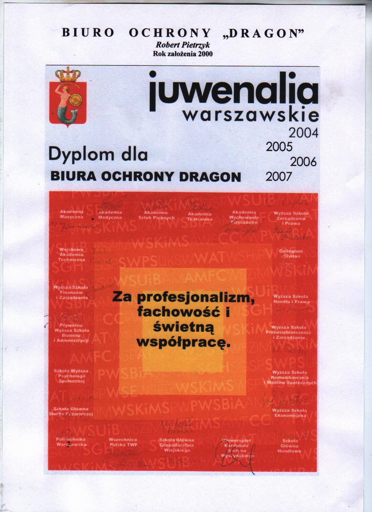 Dyplom dla Biura Ochrony Dragon za profesjonalizm i fachowość we współpracy z uczelniami wyższymi podczas Juwenaliów Warszawskich w latach 2004-2007. Widoczny herb z syrenką.