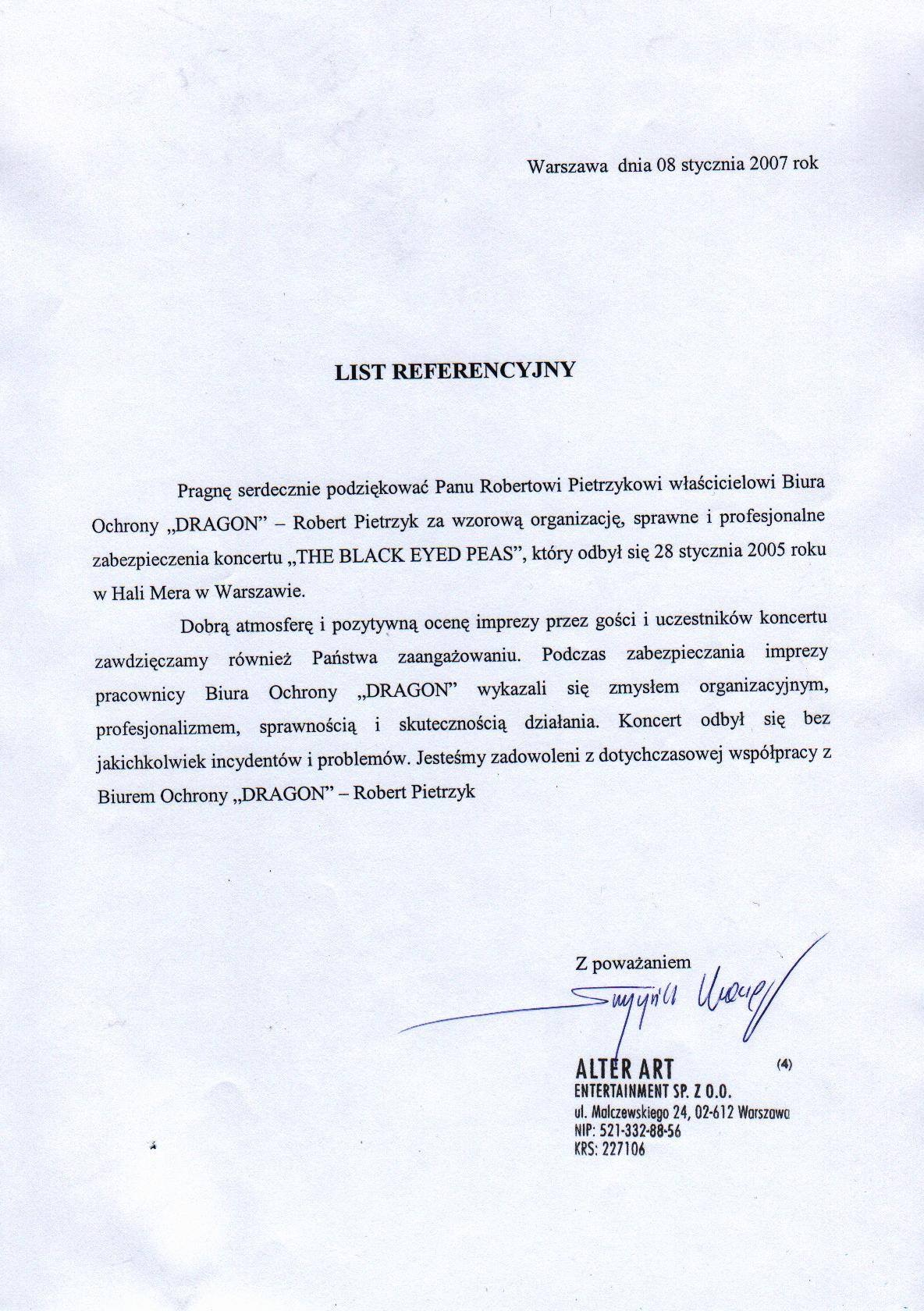 Skan listu referencyjnego dla Biura Ochrony DRAGON za zabezpieczenie koncertu The Black Eyed Peas w Hali Mera w Warszawie, podpisany przez Alter Art Entertainment.