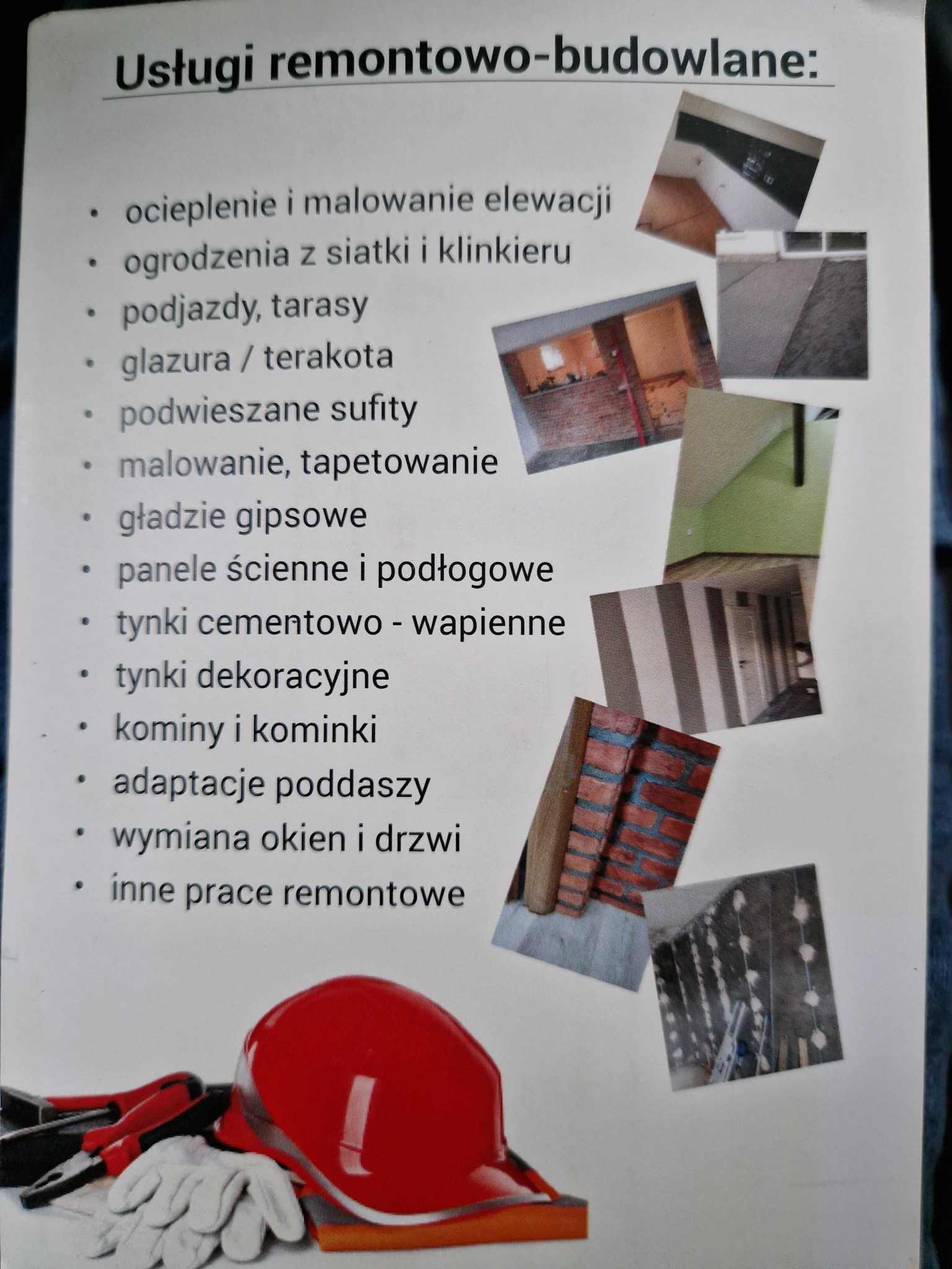 Ulotka reklamowa z listą usług remontowo-budowlanych, zawierająca zdjęcia wykonanych prac oraz kask ochronny i narzędzia budowlane na pierwszym planie.