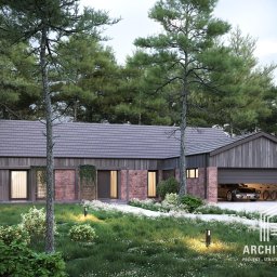 Architegia Sp. z o.o. - Nowoczesny dom z elementami cegły i drewna, otoczony zielenią, z garażem, w którym stoi samochód i rowery; widoczny logotyp firmy projektowej w prawym dolnym rogu.
