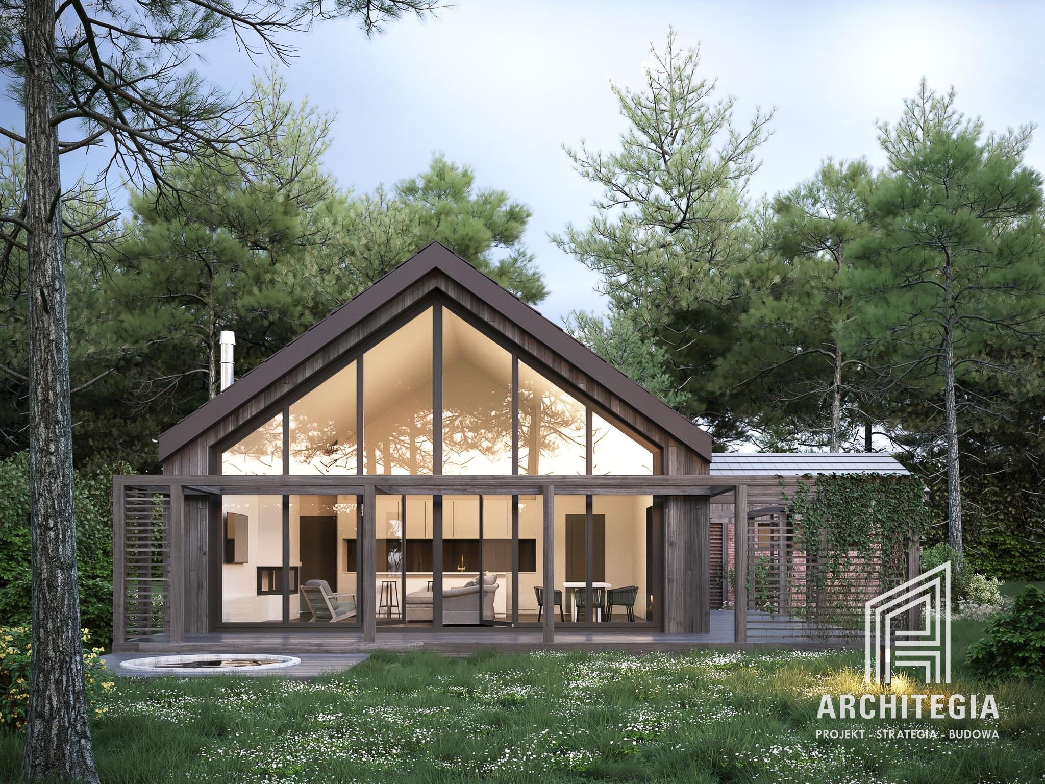 Wizualizacja domu z dużą przeszkoloną ścianą szczytową, drewnianą elewacją i tarasem z jacuzzi, otoczonego lasem.