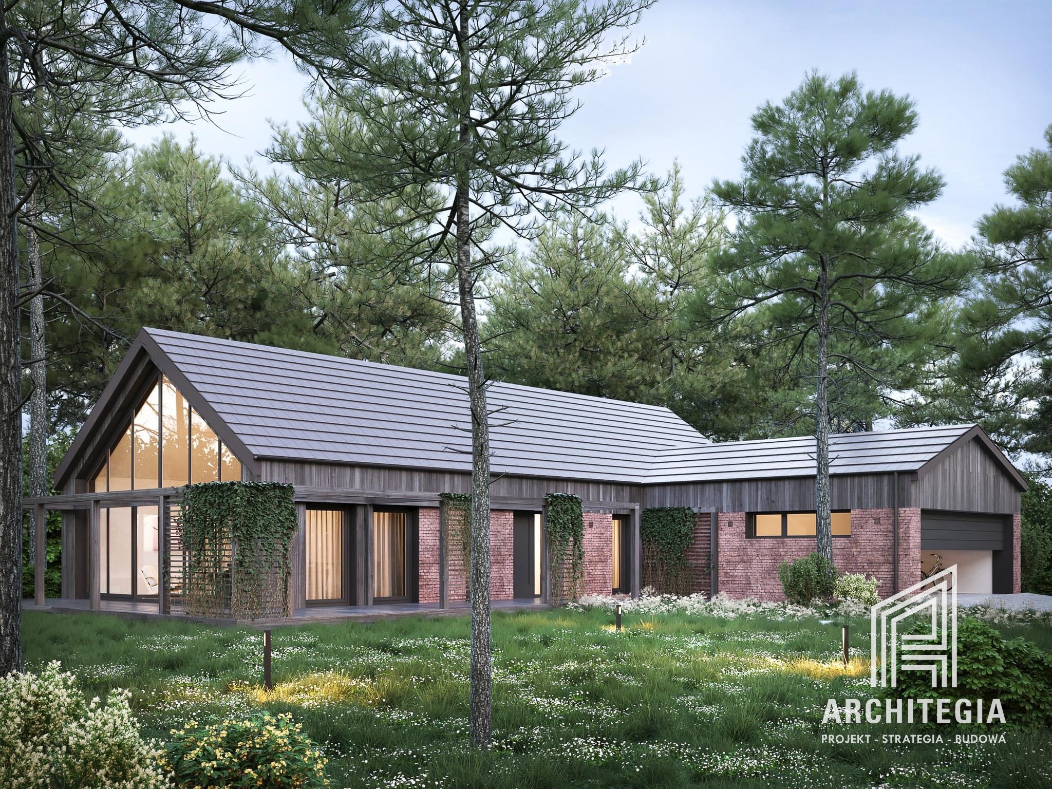 Wizualizacja domu jednorodzinnego z ciemnego drewna i czerwonej cegły, z dużymi przeszkleniami i zielonym ogrodem z kwitnącymi kwiatami, logo firmy projektowej w prawym dolnym rogu.