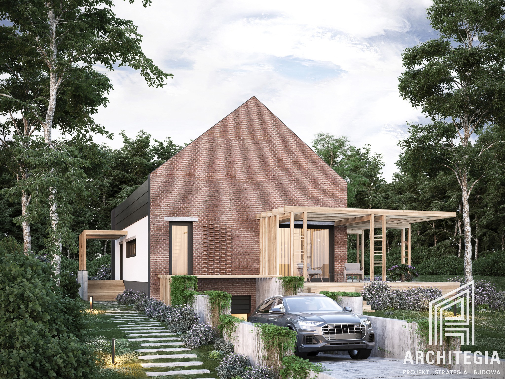 Wizualizacja nowoczesnego domu z cegły z podjazdem, szary samochód zaparkowany przed garażem, drewniana pergola i bujna zieleń wokół.