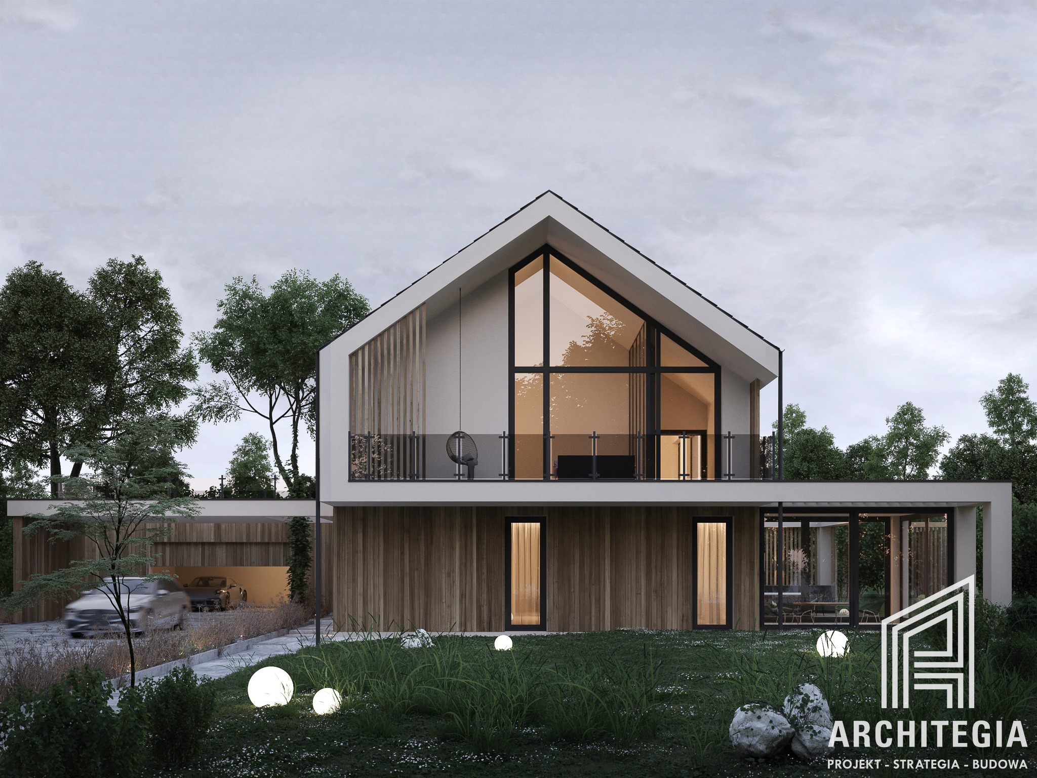 Nowoczesny dom z dwuspadowym dachem i dużymi przeszkleniami, drewniana elewacja, oświetlony ogród z kulami świetlnymi, garaż z dwoma samochodami w tle, logo firmy projektowej w prawym dolnym rogu.