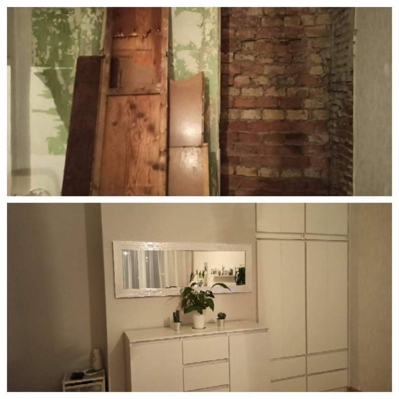 Zdjęcie przedstawia porównanie stanu łazienki przed i po remoncie. Górna część pokazuje fragment ściany z odsłoniętą czerwoną cegłą i resztkami zielonej farby. Dolna część ukazuje odnowioną...