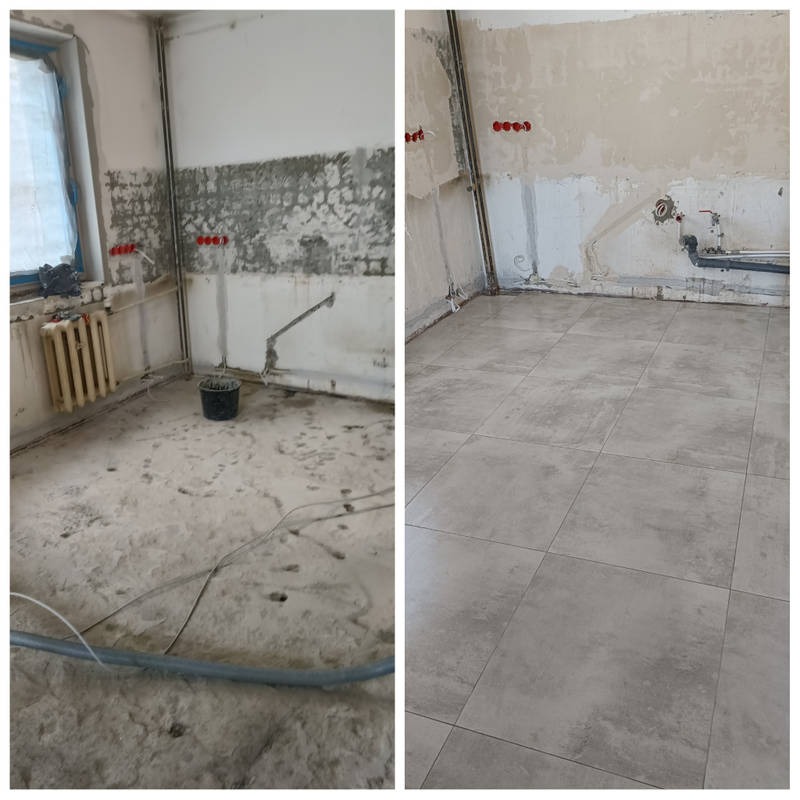 Porównanie stanu łazienki przed i po remoncie: po lewej surowe ściany i podłoga przed pracami, po prawej świeżo ułożone, jasnoszare płytki podłogowe.