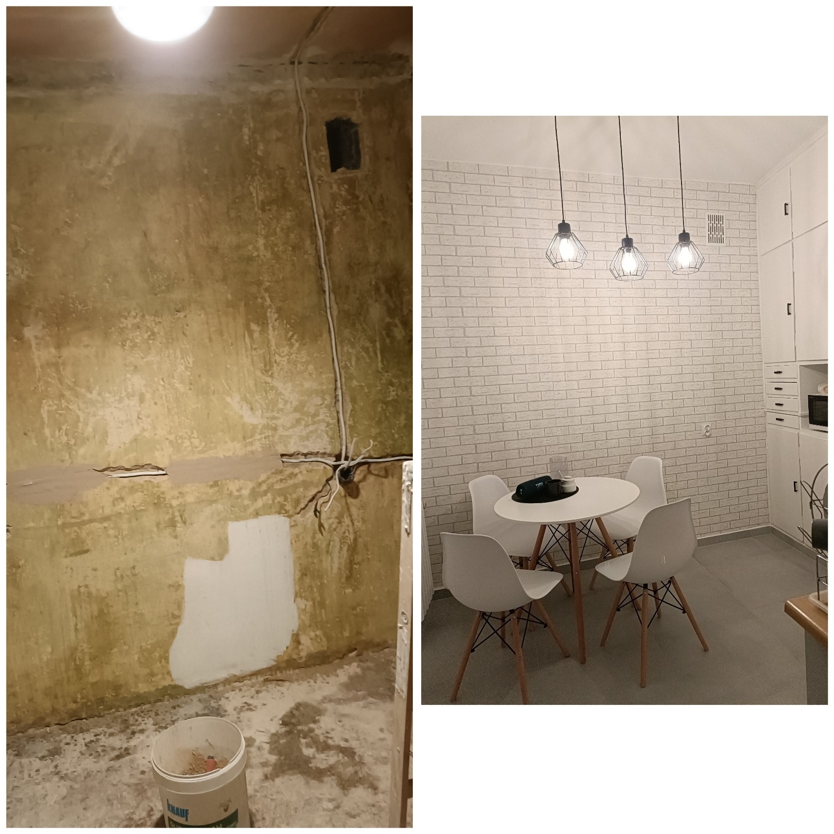 Porównanie stanu pokoju przed i po: surowe ściany z instalacją elektryczną kontra biała cegła, okrągły stół z krzesłami i wiszące lampy.