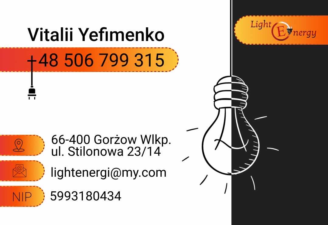 Wizytówka firmy elektrycznej Vitalii Yefimenko z Gorzowa Wielkopolskiego, zawierająca numer telefonu, adres e-mail, adres siedziby i NIP, obok grafika żarówki podzielonej na czarno-białą część...