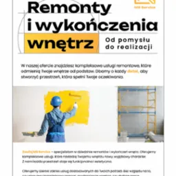 Grafika reklamowa firmy remontowej MS Service: pracownik w niebieskim kombinezonie maluje ścianę na żółto za pomocą wałka, widoczne rusztowanie i wiadro z farbą, hasło 'Remonty i wykończenia wnętrz'.