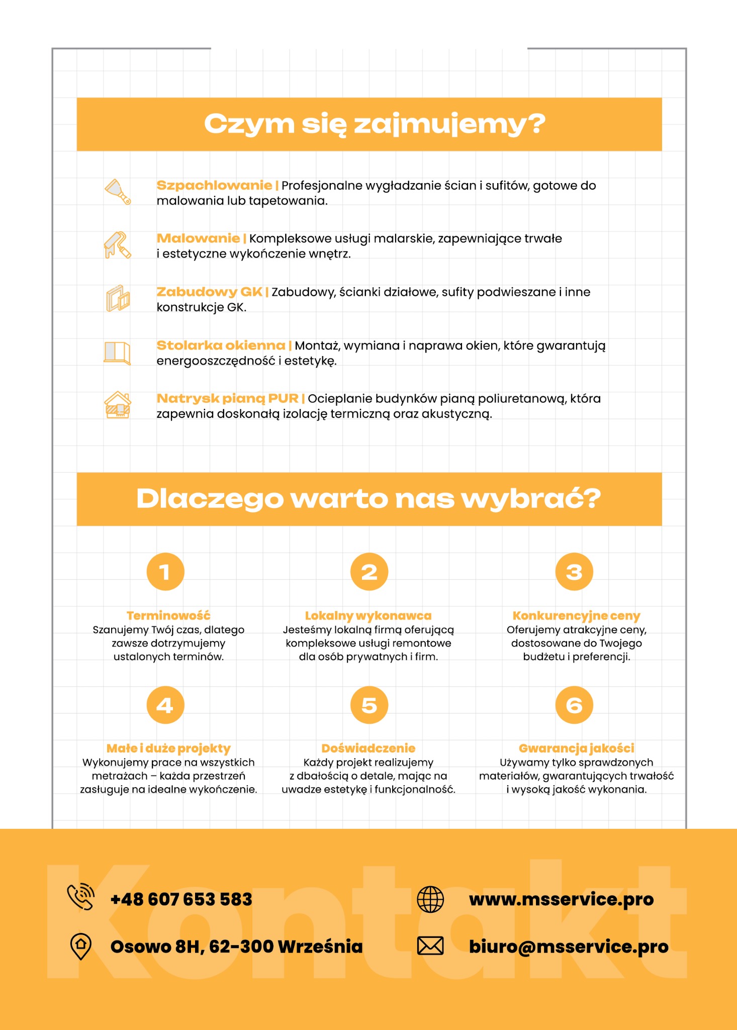 Infografika firmy remontowo-budowlanej MSService.pro prezentująca zakres usług: szpachlowanie, malowanie, zabudowy GK, stolarka okienna, natrysk pianą PUR oraz atuty firmy: terminowość, lokalny...