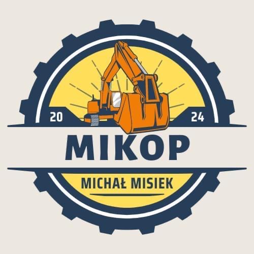 Logo firmy MIKOP Michał Misiek z ilustracją pomarańczowej koparki na tle żółtego koła zębatego z numerami 20 i 24.