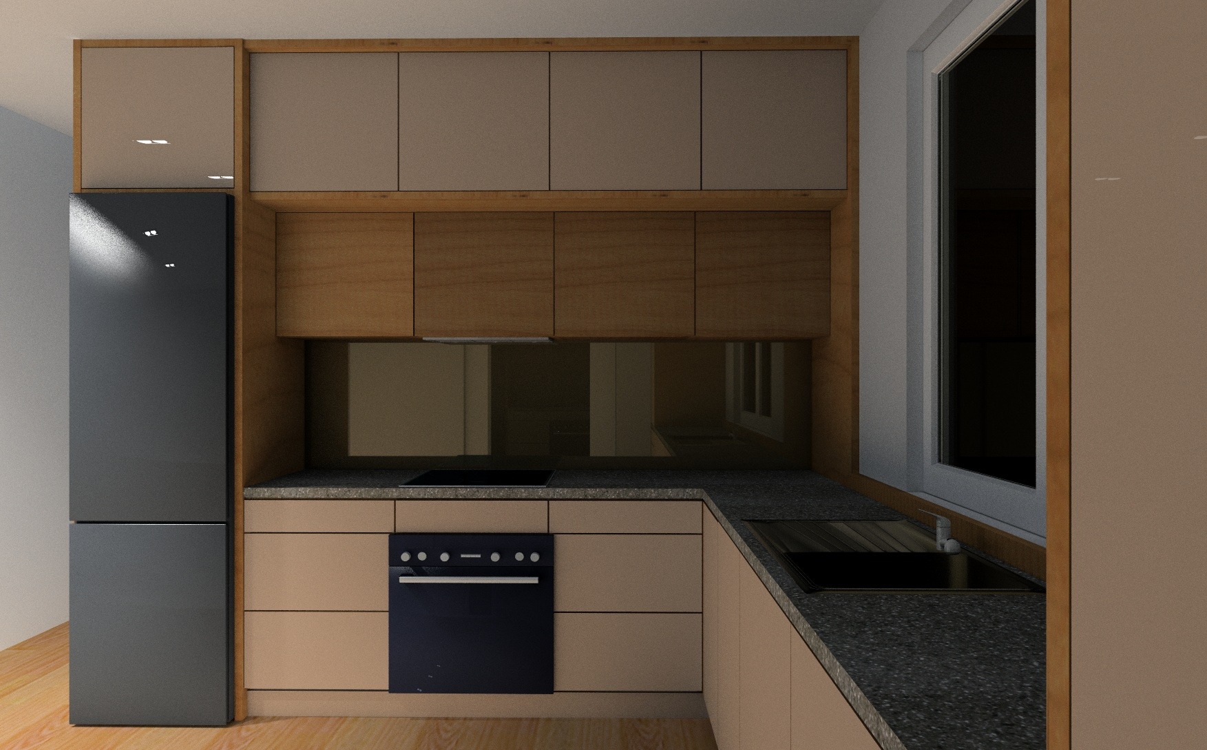 Nowoczesna kuchnia z drewnianymi i beżowymi frontami, czarnym piekarnikiem i lodówką. Blat z ciemnego kamienia, okno z widokiem. Projekt kuchni na wymiar.