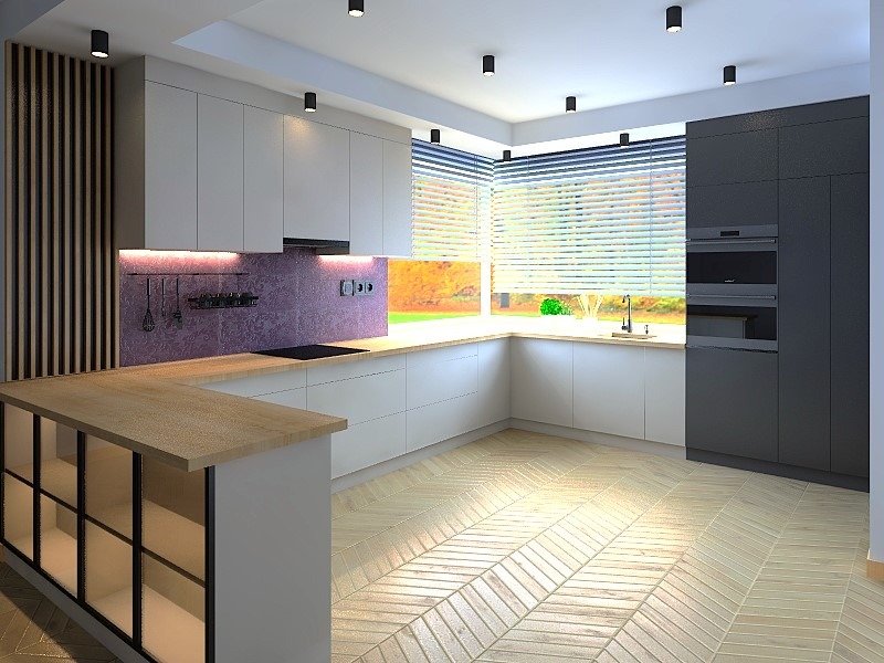 Nowoczesna kuchnia na wymiar z białymi frontami, drewnianym blatem i fioletową ścianą nad blatem. Czarna zabudowa piekarnika po prawej stronie. Parkiet ułożony w jodełkę.