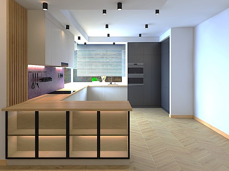 Nowoczesna kuchnia z drewnianym blatem i elementami dekoracyjnymi. Uwagę przyciągają szklane fronty szafek dolnych z podświetleniem LED i fioletowa ściana nad blatem.