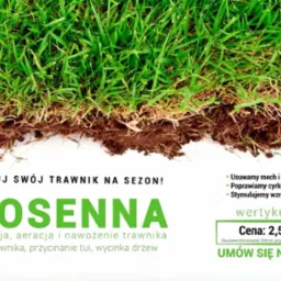 Fragment trawnika z widoczną strukturą darni i korzeni, nad nim tekst reklamujący wiosenną wertykulację, aerację i nawożenie trawnika, usunięcie mchu i filcu, poprawę cyrkulacji powietrza i wody...