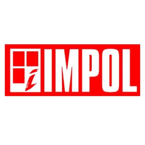 Czerwone logo firmy IMPOL z symbolem okna w lewym górnym rogu, umieszczone na białym tle. Nazwa firmy napisana dużymi, białymi literami.