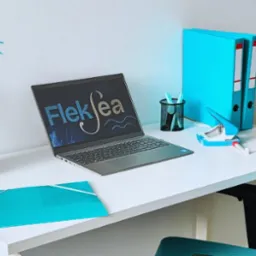Białe biurko z laptopem wyświetlającym logo firmy Fleksea, turkusowymi segregatorami, dziurkaczem, doniczką z rośliną i teczką.