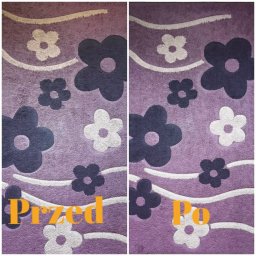 YartemClean - Fioletowy dywan z motywem kwiatowym, podzielony na dwie części: lewa strona oznaczona jako 'Przed', prawa strona oznaczona jako 'Po', prezentująca efekt czyszczenia.